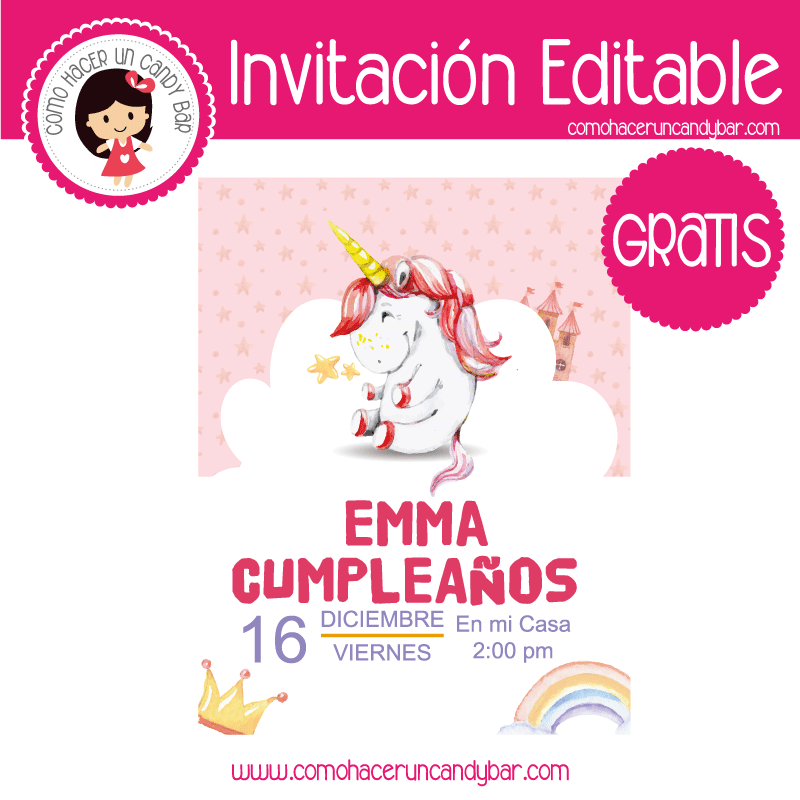 Invitacion editable gratis unicornio